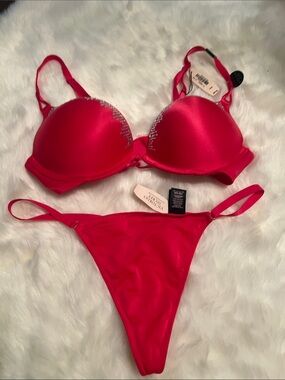 Victoria's Secret Hot Pink Rhinestone Push-Up Bra & Thong